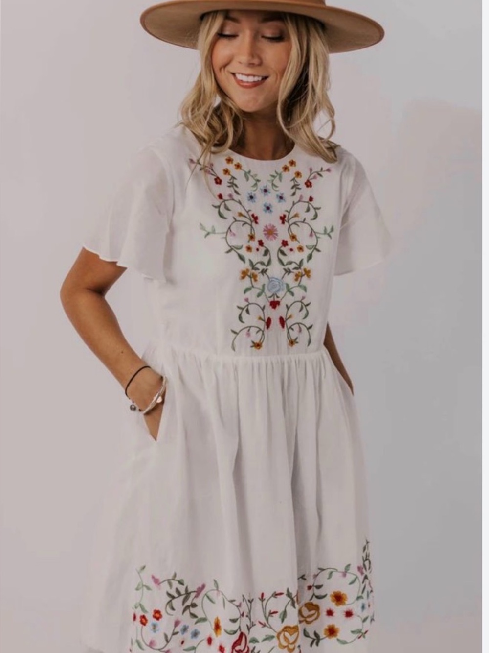 Roolee White Embroidered Mini Dress with Multicolor Floral Detail